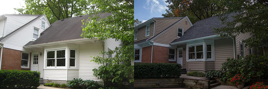 New siding installation before and after photo.